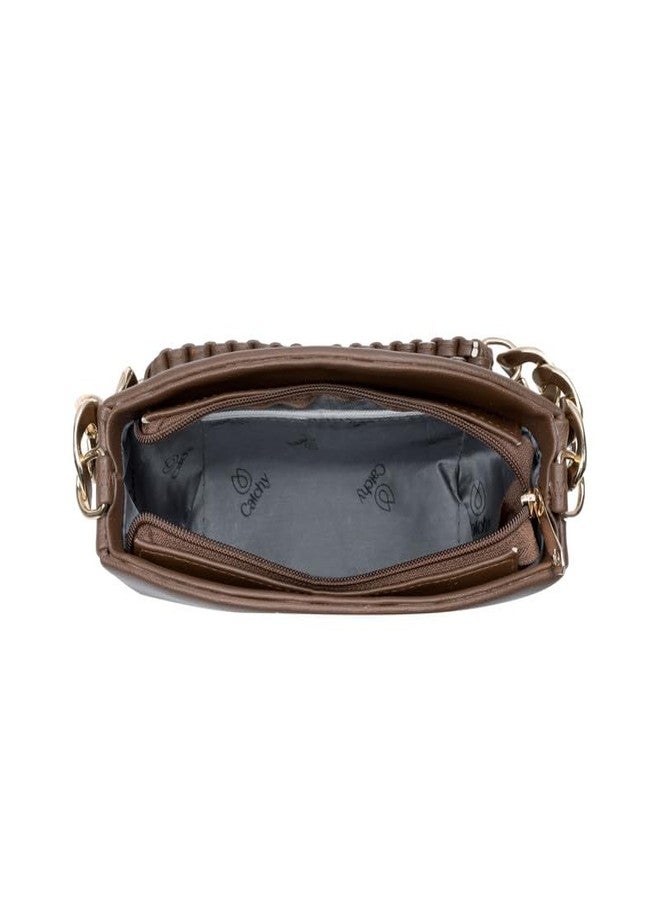 كاتشي حقيبة كتف نسائية جذابة من الجلد الصناعي البني مع سحاب إغلاق - Image 4